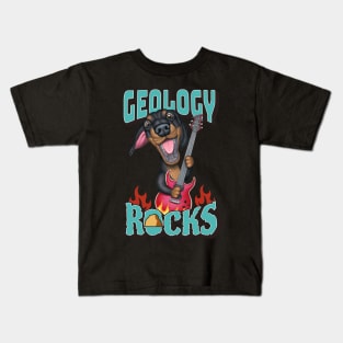 Cute Geology Rocks with dachshund doxie dog playing guitar Kids T-Shirt